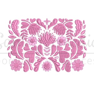 May include: Pink embroidered design featuring hearts, flowers, and leaves. The design is symmetrical and has a traditional folk art style.