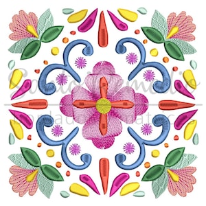 May include: A colorful embroidered design featuring a central pink flower with yellow center surrounded by blue, green, yellow, pink, and orange stylized floral elements.