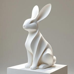 Könnte beinhalten: Eine weiße Keramikskulptur eines sitzenden Kaninchens mit aufgestellten Ohren. Die Skulptur besteht aus geometrischen Formen und hat einen modernen, minimalistischen Stil.