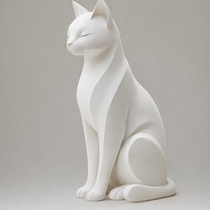Könnte beinhalten: Eine weiße Katzenskulptur in sitzender Position mit geschlossenen Augen. Die Katze hat ein glattes, minimalistisches Design mit einem subtilen, geschwungenen Muster an der Seite. Die Skulptur besteht aus einem festen, undurchsichtigen Material.