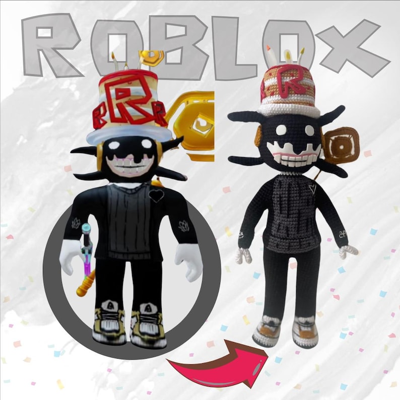 May include: Two crocheted Roblox character plush toys. The toy on the left is wearing a black and white outfit with a red heart on the chest and a birthday hat with candles. The toy on the right is wearing a black and white outfit with a birthday hat with candles. The toys are facing forward and are standing on a white background.