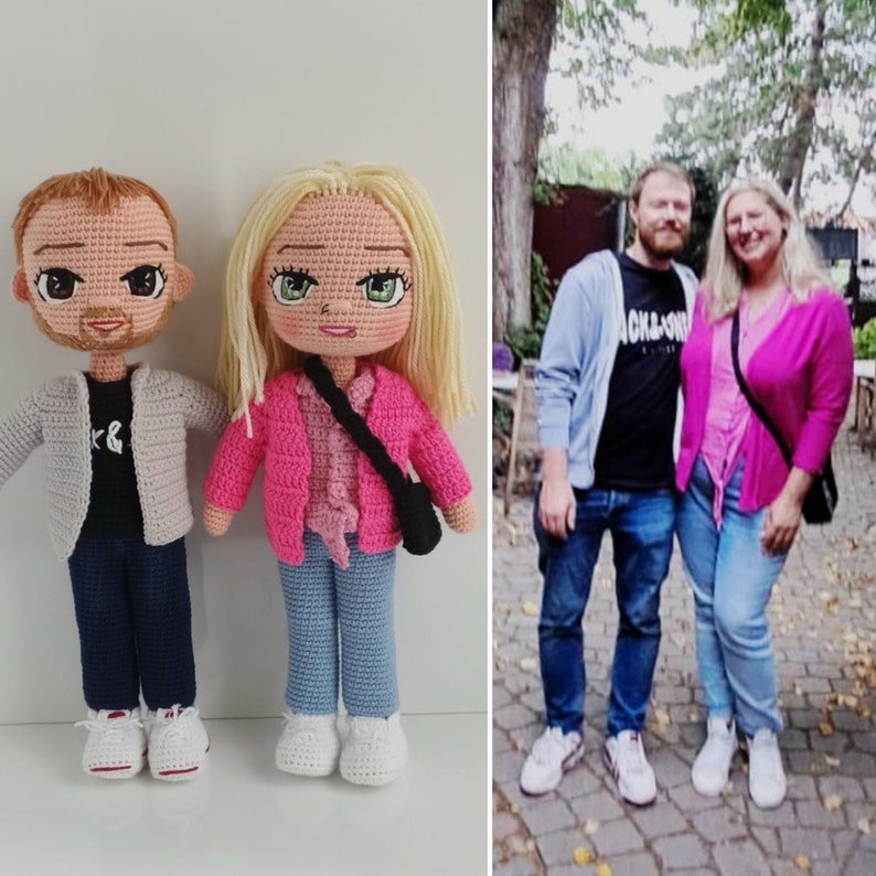 May include: Two crocheted dolls, one with blonde hair wearing a pink jacket and blue jeans, the other with brown hair wearing a gray jacket and blue jeans. The dolls are standing on a white background.