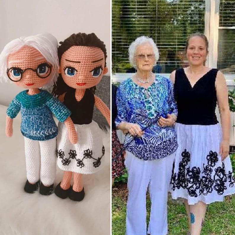 May include: Two crocheted dolls with white and black clothing. The doll on the left is wearing a blue sweater and white pants. The doll on the right is wearing a black top and a white skirt with black floral embroidery.