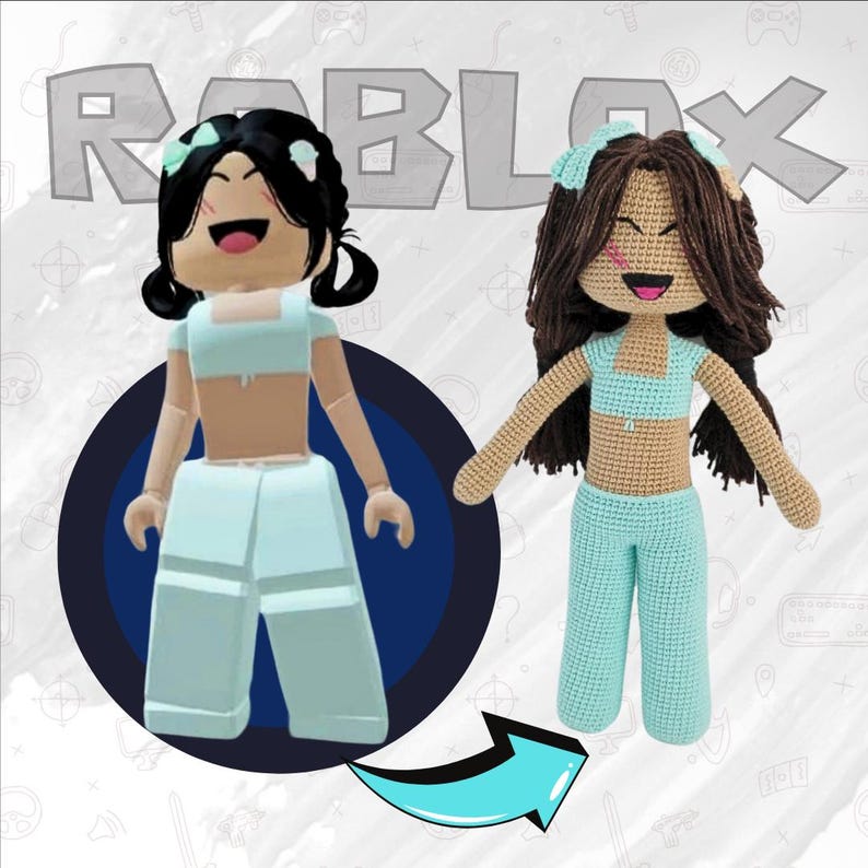 May include: A crocheted doll with brown hair and a light blue outfit, standing next to a digital avatar with the same outfit. The text "ROBLOX" is visible in the background.