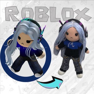 May include: A digital avatar of a person with blue hair and a blue and black outfit is transformed into a crocheted doll with the same outfit and hair. The word "ROBLOX" is in the background.