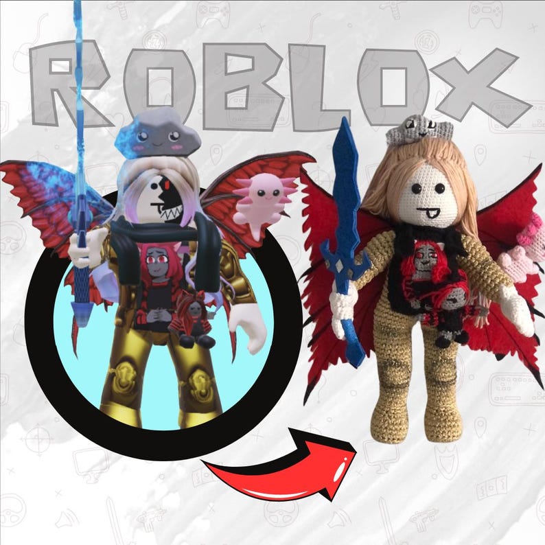 May include: A crocheted Roblox character with red wings and a blue sword. The character is wearing a tan outfit and has a crown on its head. The character is holding a blue sword in its right hand. The character is standing on a white background. The word "ROBLOX" is written in large letters above the character.