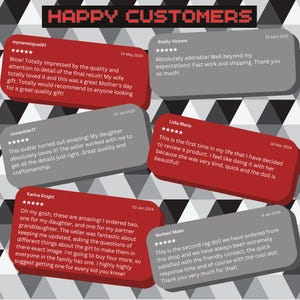 May include: A collage of customer reviews for a handmade rag doll. The reviews highlight the quality of the doll, the seller's communication, and the overall positive experience. The reviews are displayed on a background of black and white triangles.