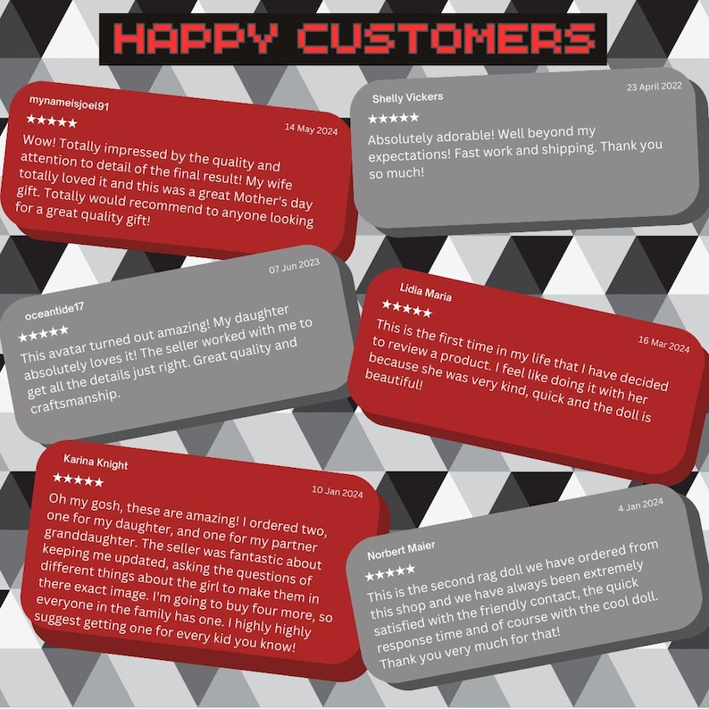 May include: A collage of customer reviews for a handmade rag doll. The reviews highlight the quality of the doll, the seller's communication, and the overall positive experience. The reviews are displayed on a background of black and white triangles.