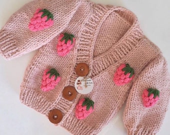 Hand Knitted Girl Cardigan, Handmade Kid Cardigan, Wool Cardigan, Child Gift, Strawberry Embroidery, Birthday gift, Pink Cardigan, Crochet