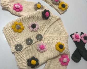 Crochet Cardigan Knitted, Handmade Knitted Girl Cardigan, Child Girl Wear, Kid Clothe Gift, Flower Embroidery, Gift, Daisy Embroidered