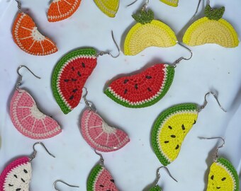 FREE POSTAGE - Beautiful Handmade Fruit Crochet Earrings - Watermelon - Red , Pink, Yellow