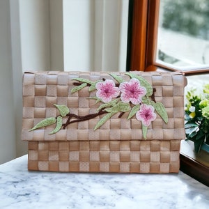 Ladies Bayong Plastic Magnetic Lock Clutch Wallet Bags Woven Handmade Embroidered Flowers - Brown