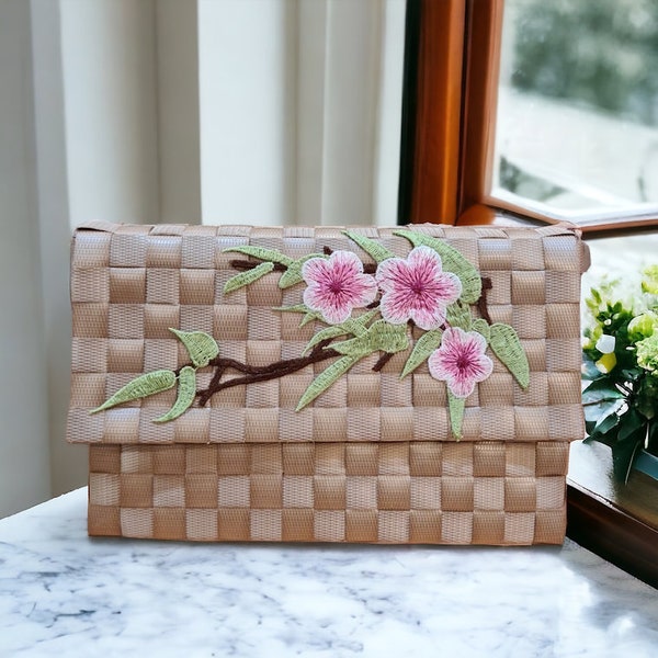 Ladies Bayong Plastic Magnetic Lock Clutch Wallet Bags Woven Handmade Embroidered Flowers - Brown