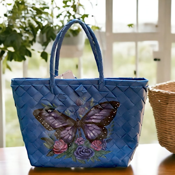 Free Postage -  'Bayong' Ladies Woven Handmade Handpainted Bag - Blue - Butterfly