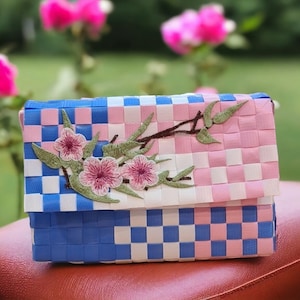 Ladies Bayong Plastic Magnetic Lock Clutch Wallet Bags Woven Handmade Embroidered Flowers - multitone