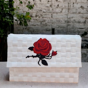 Ladies Bayong Plastic Magnetic Lock Clutch Wallet Bags Woven Handmade Embroidered Flowers - White