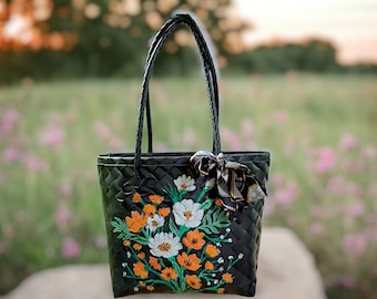 Handwoven Black Tote Bag with Wild Floral Bouquet Painting – Artisan Crafted Bag