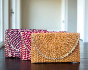Woven Ladies Straw Palm leaves Clutch Purse Bag with Rhinestone Trim  various colours