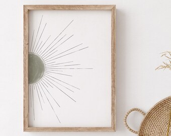 Halb Sonne Wandkunst druckbar, SalbeiGrüne Wand dekor, Boho Sun Line Kunst digitaler Download, einfache Kunstdrucke, Grüne Sonne Druck für Kinderzimmer Boho