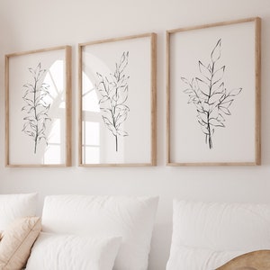 Schwarzweißes botanisches Druck-Set, minimalistische botanische Digitaldrucke, Blätter Kunst, botanische Drucke Set von 3, botanische Linie Kunst Digital