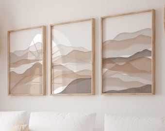 Neutrale berg print set van 3, abstracte bergen prints, abstract landschap print set, aquarel landschap, aquarel berg digitaal
