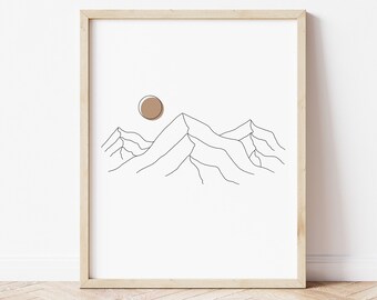 Berg en zon Wall Art Print | Berglijnkunst | Minimalistische bergprint | Boho berg kunst aan de muur | Bergmuurdecor | Muur kunst