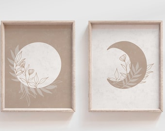 Sun and Moon Print Set Neutral, Flower Moon Print, Flower Sun Print, Modern Boho Sun and Moon Prints, Neutral Boho Print Set, Boho Decor Art