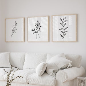 Botanical Prints Set of 3, Square Botanical Print Set, Black and White Botanical Print Set, Minimalist Botanical Digital Prints, Leaves Art