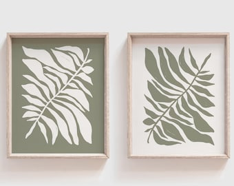 Abstrakte botanische salbeigrüne Wandkunst 2er Set, salbeigrüne Drucke für Badezimmer, salbeigrünes Druckset Digital, minimalistisches botanisches Poster