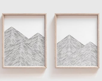 Zwart-witte bergafdrukken set van 2, Scandinavische, abstracte bergmuurkunstset, zwarte berglijnkunst, abstracte landschapsafdrukken