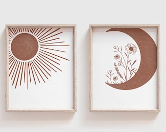 Terracotta Sun and Moon Print Set of 2, Boho Sun Wall Art, Boho Moon, Flower Moon, Abstract Sun, Mid Century Sun and Moon, Boho Print Set