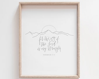 For the Joy of the Lord is My Strength, Nehemiah 8:10, Mountain Scripture Wall Art, Bible Verse Print, Mountain Line Art, Christian Prints