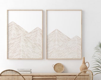 Beige Abstract Mountain Line Art Set of 2, Scandinavian Mountain Wall Art, Neutral Landscape, Landscape Wall Art Set, Mountain Print Set