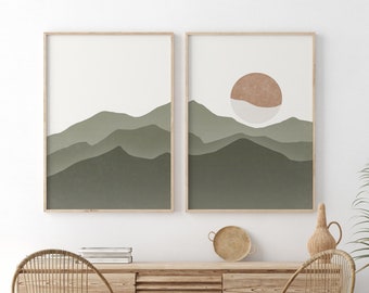 Green Mountain Print Set Digital, Abstract Mountain Art, Mountain Prints, Mountain Wall Art Set, Modern Sage Landscape, Green Abstract Boho