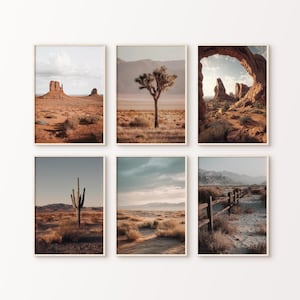 May include: Six framed landscape prints featuring desert scenes. The prints showcase iconic desert landscapes with rock formations, cacti, and a Joshua tree. The color palette includes warm tones of tan, brown, and beige, with blue skies.