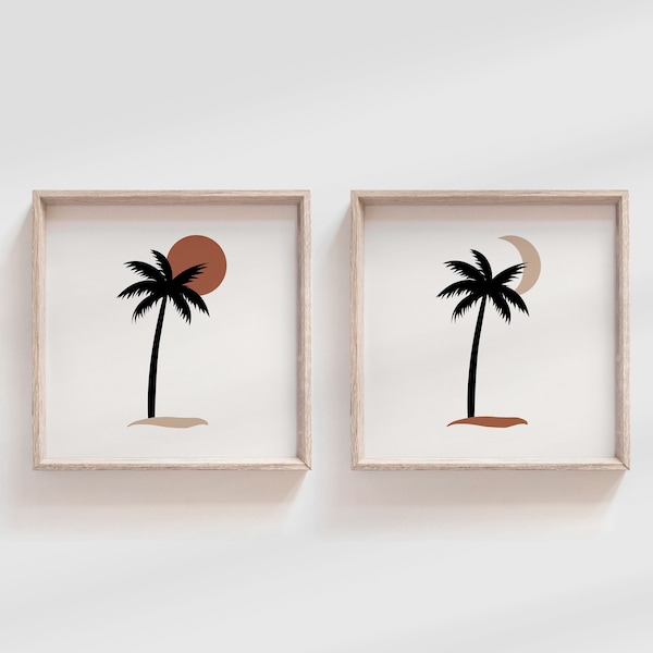 Boho Palm Prints, Square Boho Prints, Palm Art Print Set, Beach Print Set, Palm Tree Download Print, Palm Print Set of 2, Boho Beach Print