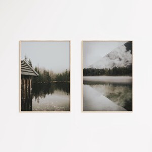 Foggy Lake Landscape Set of 2 Nature Digital Prints, Forest Cabin Print Set, Nordic Forest Print Set, Foggy Forest and Lake Photography Set