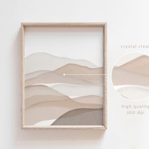 May include: A digital print of abstract beige and brown watercolor mountains in a light wood frame. The print is high quality and 300 dpi.