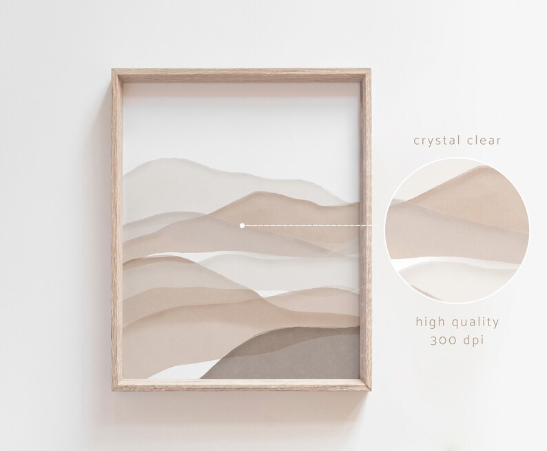 May include: A digital print of abstract beige and brown watercolor mountains in a light wood frame. The print is high quality and 300 dpi.