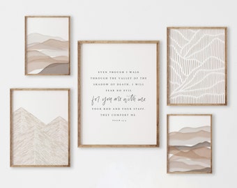 Mountain Bible Verse Wall Art Set of 5, Psalm 23 Print, Digital Art Print Set Neutral, Modern Bible Art, Beige Mountain Printable Wall Art