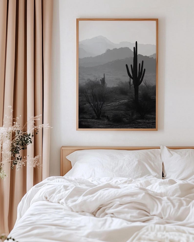 Black and White Saguaro Cactus Print, Arizona Mountain Desert Wall Art ...