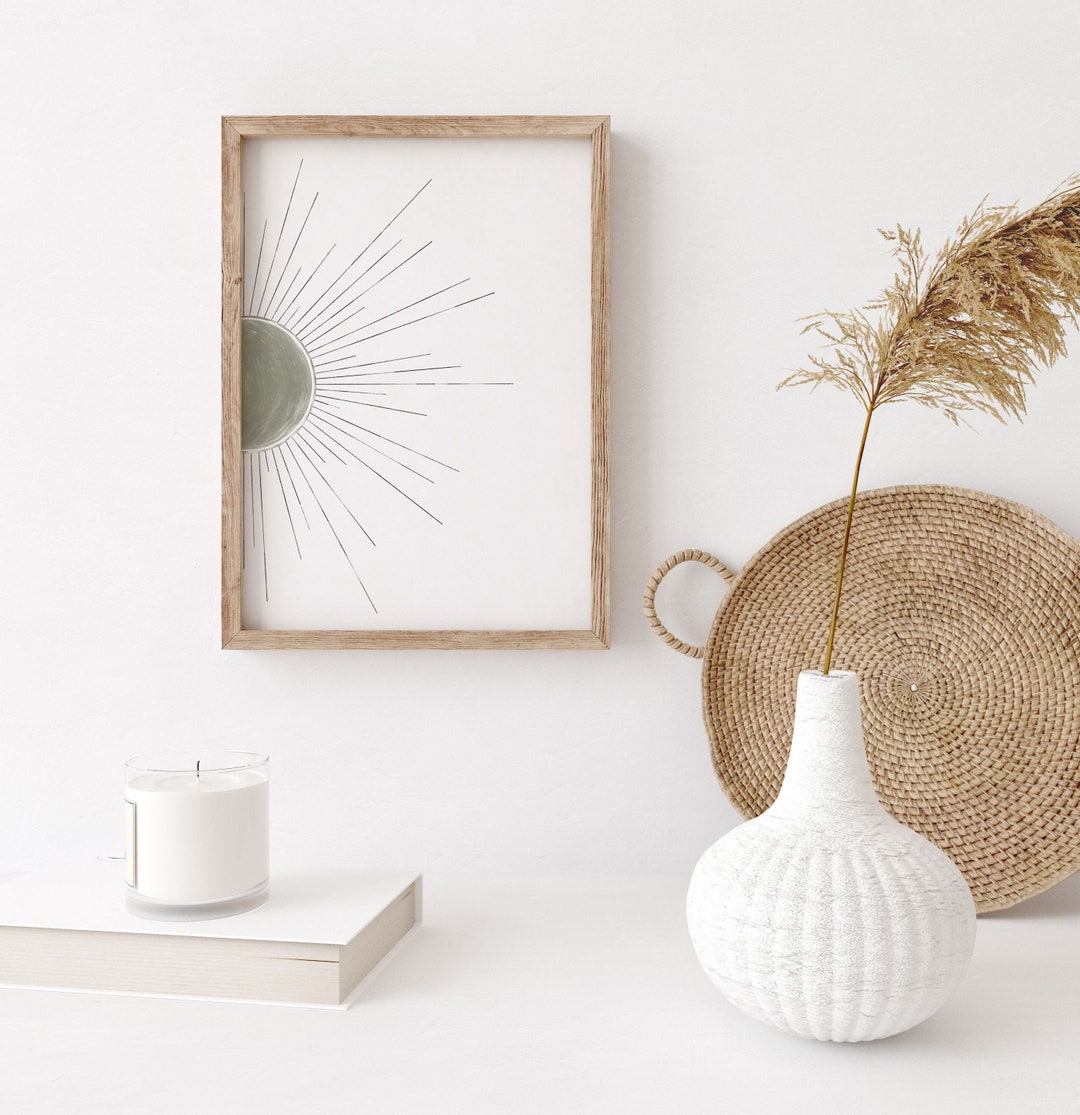 Half Sun Wall Art Printable, Sage Green Decor Wall, Boho Sun Line Art