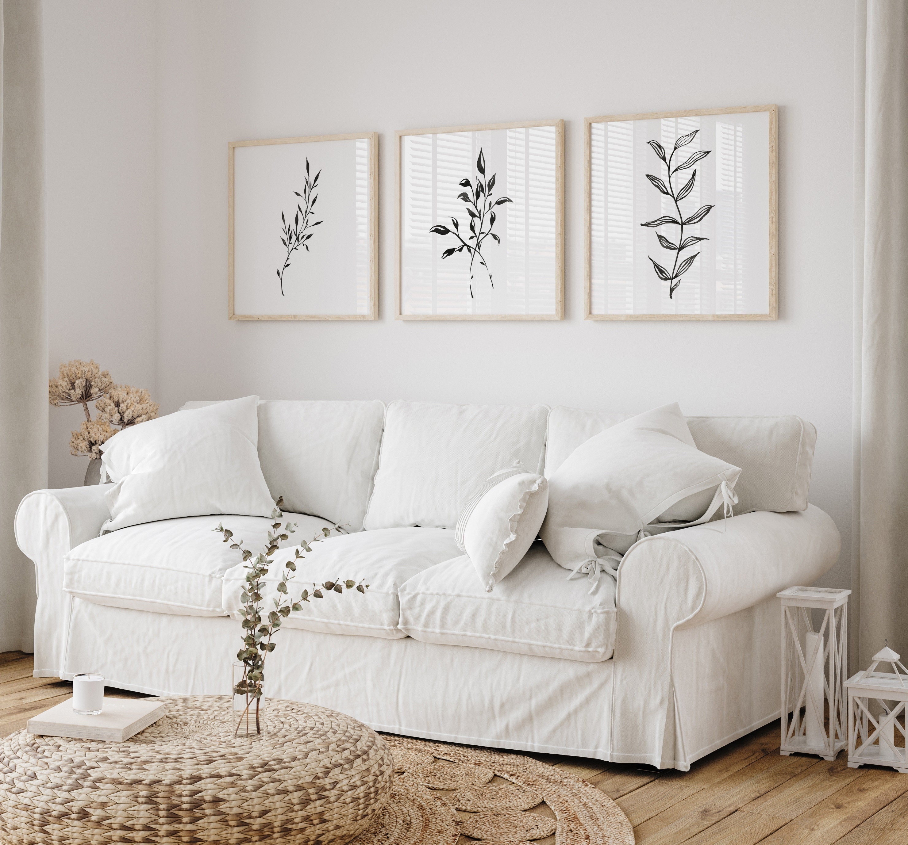 Botanical Prints Set of 3, Square Botanical Print Set, Black and White ...