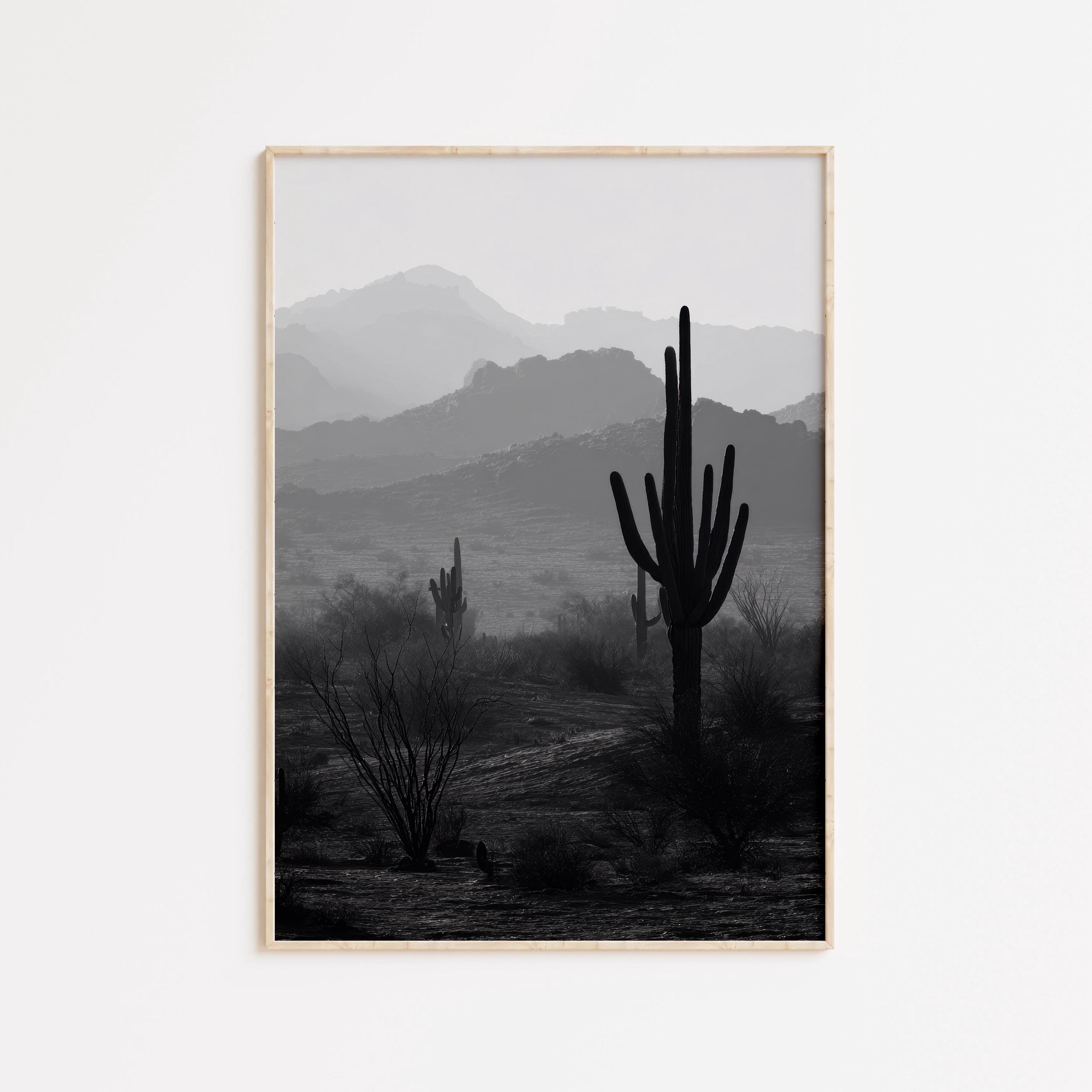 Black and White Saguaro Cactus Print, Arizona Mountain Desert Wall Art ...