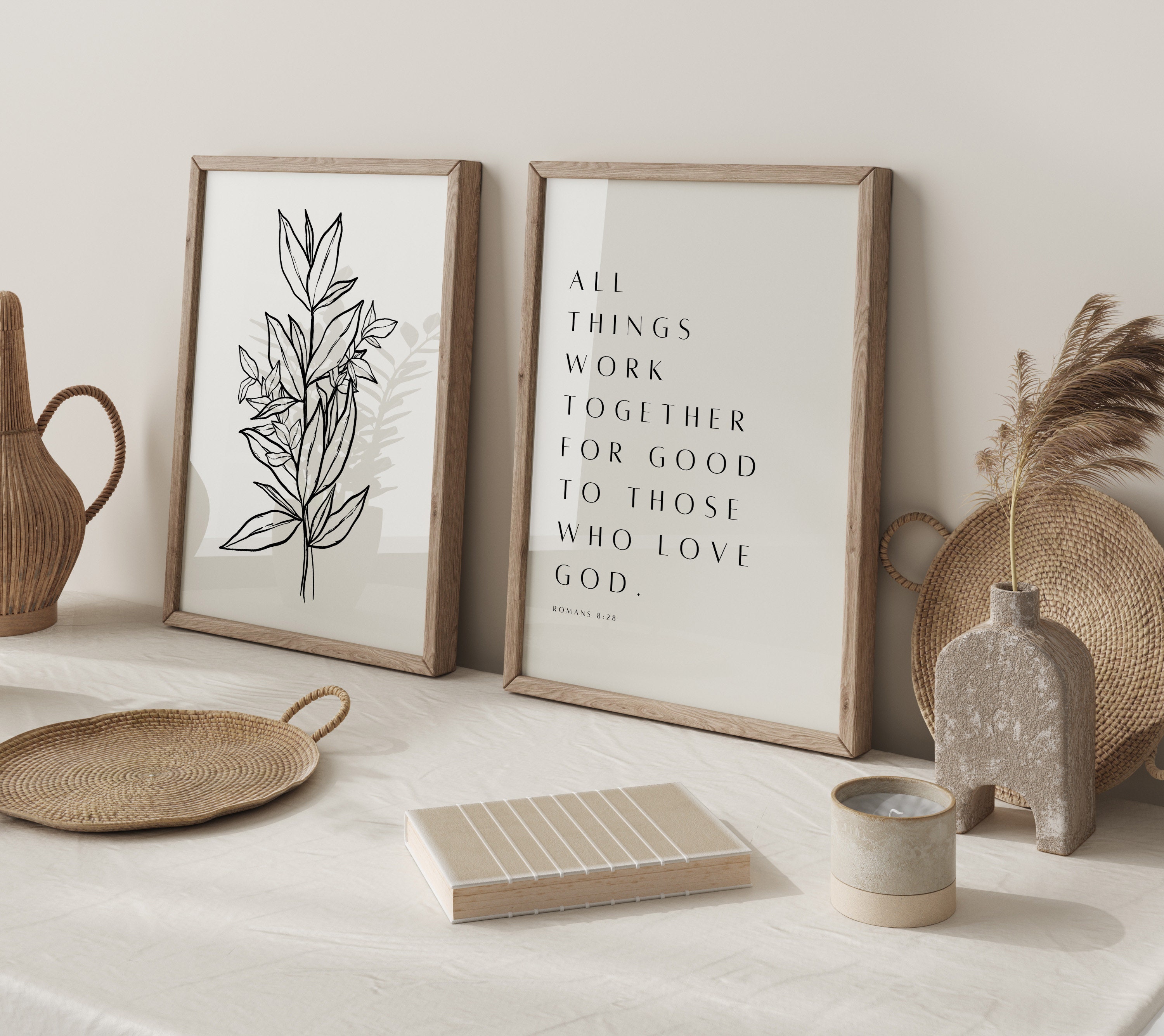 Romans 8 28 Bible Verse Wall Art Set of 2, Minimalist Bible Art, Modern ...