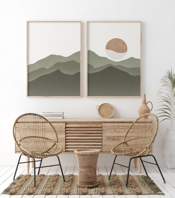 Green Mountain Print Set Digital, Abstract Mountain Art, Mountain Prints, Mountain Wall Art Set, Modern Sage Landscape, Green Abstract Boho