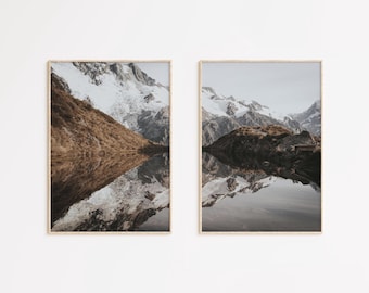 Mountain Digital Print Set, Lake Landscape Printable Set of 2, Snowy Mountain Wall Art, Mountain Lake Instant Wall Art, Nature Digital Print
