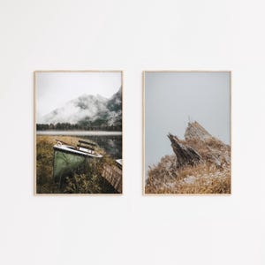Nature Set of 2 Digital Prints, Lake Canoe Print, Mountain Lake Photography Print, Wild Flower Printable, Foggy Forest Foggy Nature Wall Art
