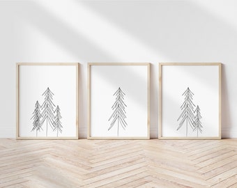 Minimalist Christmas Tree Print Set of 3, Black and White Christmas Tree Art, Christmas Decor Wall Art, Black and White Pine Tree Print Set