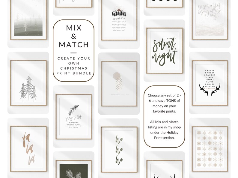 May include: A collection of printable Christmas designs in a mix and match bundle. The designs include a variety of themes, such as trees, snowflakes, and holiday greetings. The text "Create your own Christmas print bundle" is included in the image.